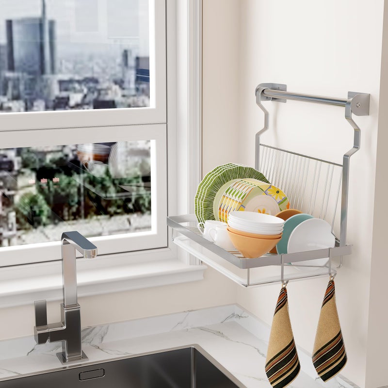 TQVAI Over Sink Dish Drainer Drying Rack, Stainless Steel Foldable Wall Mounted Dish Racks with Drainboard Hanging Rod and Sponge Holder, Silver - Image 4